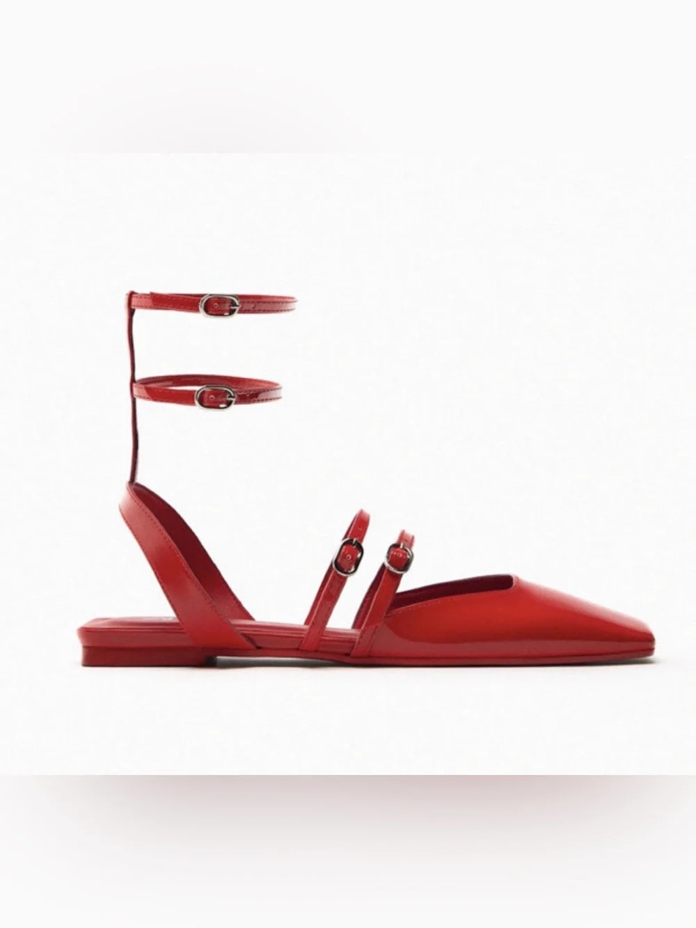 Zara Red Patent square-Strap Ankle Tie Flats